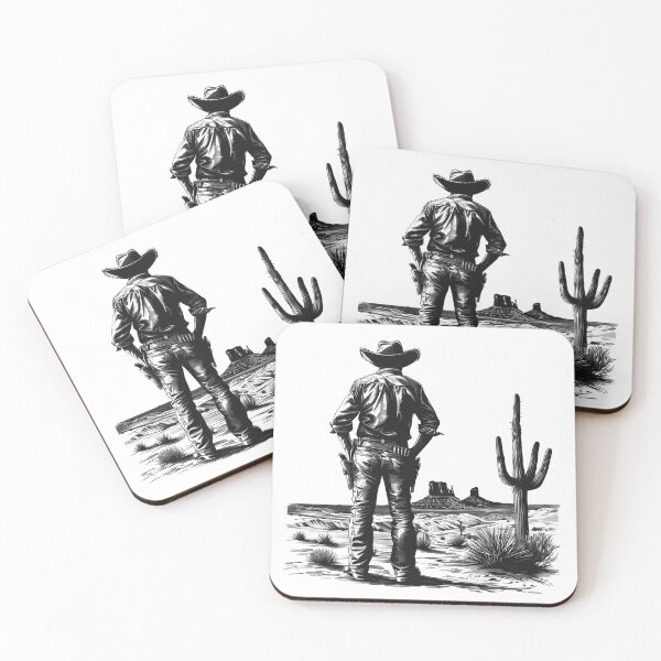 Item preview, Lone Cowboy in the Desert | Black and White Western Americana Illustration designed and sold by inkoutninja.