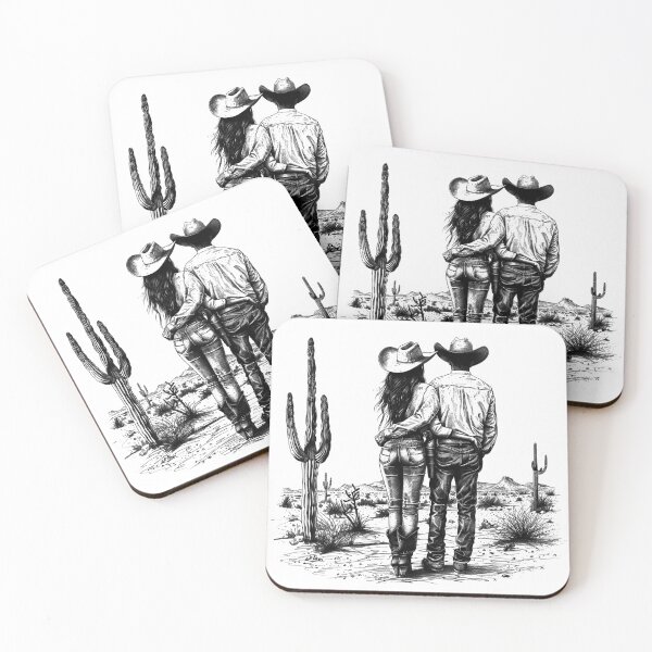 Item preview, Cowboy and Cowgirl Love Illustration | Black and White Western Romance Art designed and sold by inkoutninja.