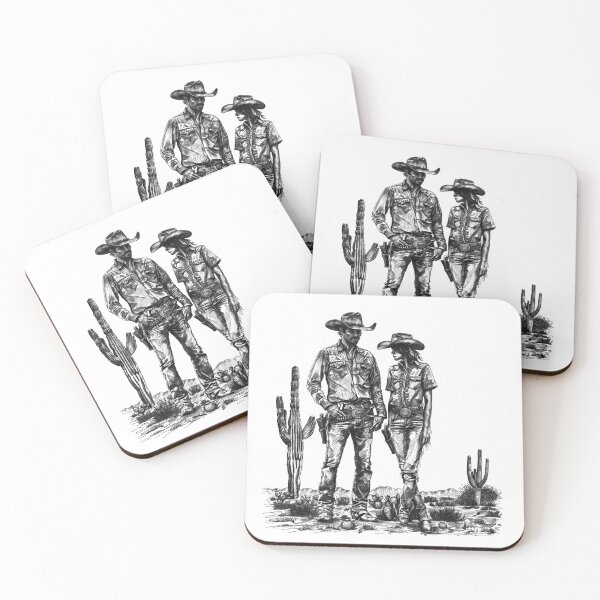 Item preview, Cowboy and Cowgirl Desert Scene | Black and White Western Couple Illustration designed and sold by inkoutninja.