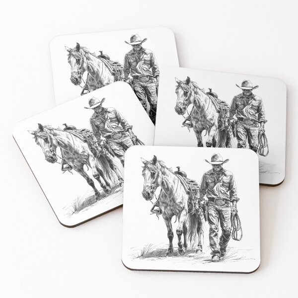 Artikelvorschau, Cowboy- und Pferdeillustration | Schwarz-Weiß-Kunst aus dem Western-Ranchleben entworfen und verkauft von inkoutninja.