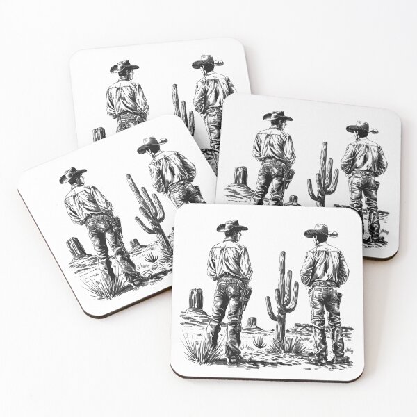 Item preview, Two Cowboys in the Desert | Black and White Western Frontier Illustration designed and sold by inkoutninja.
