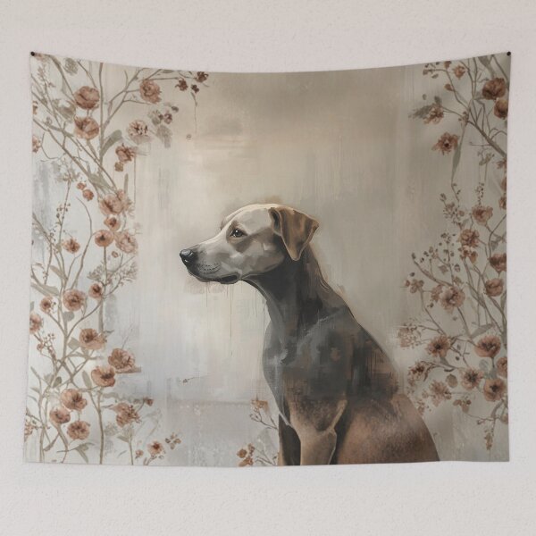 Item preview, Elegant dog portrait amid floral wallpaper backdrop designed and sold by Rue Design Company.