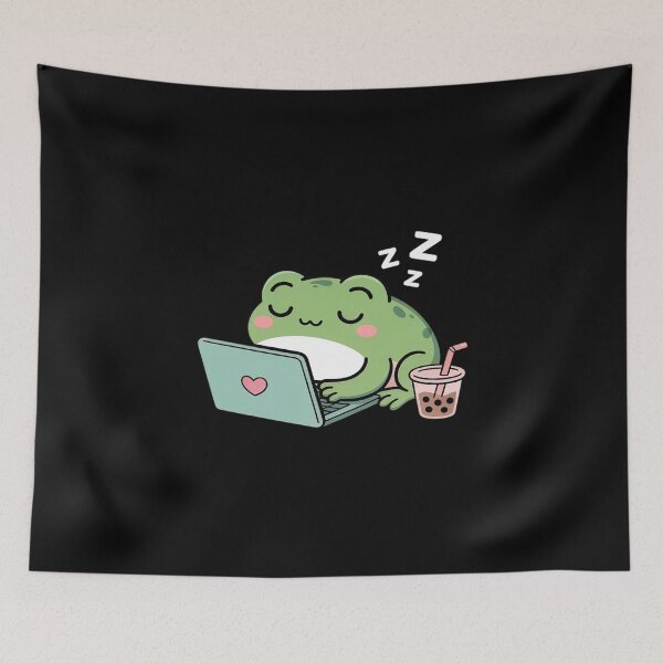 Item preview, Cute Lazy Frog with Laptop Boba Tea and Chips designed and sold by Slwankol.