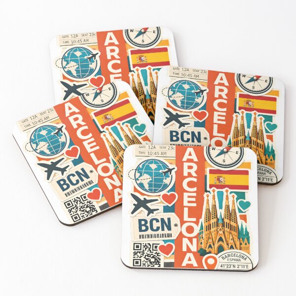 Item preview, Barcelona Travel Sticker Collage – BCN Boarding Pass & Sagrada Familia Illustration designed and sold by GiftsCreek.
