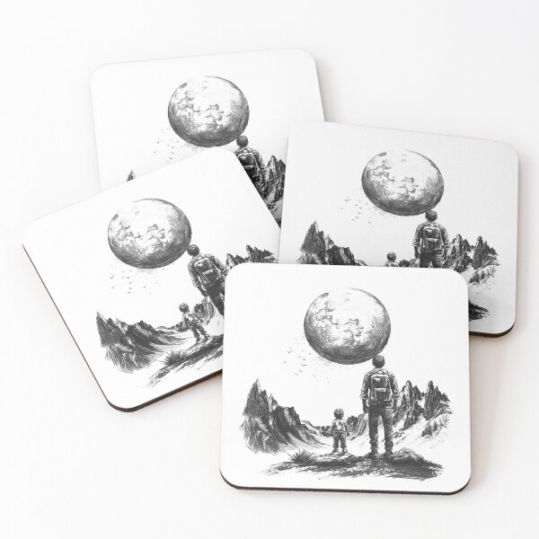 Item preview, Father and Child Moon Gazing | Black and White Surreal Adventure Illustration designed and sold by inkoutninja.