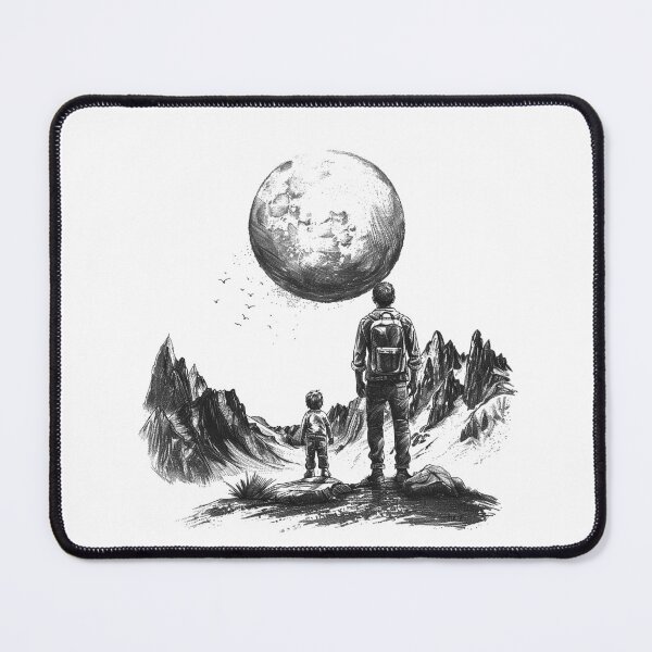 Item preview, Father and Child Moon Gazing | Black and White Surreal Adventure Illustration designed and sold by inkoutninja.