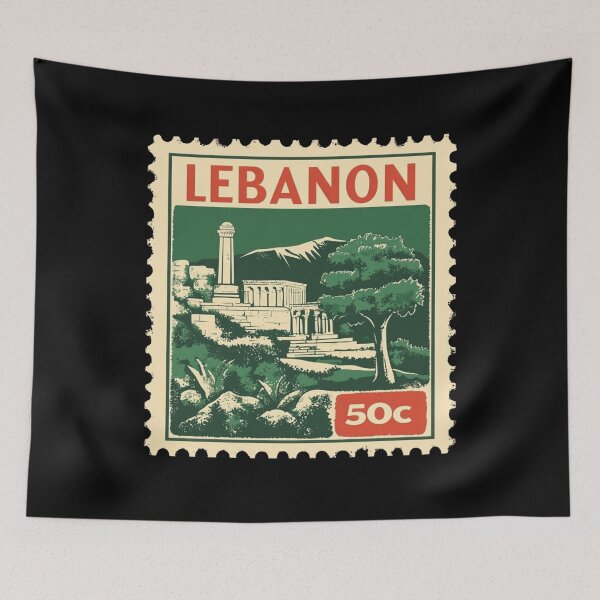 Item preview, Vintage Lebanon Postage Stamp Art - Baalbek Ruins & Cedar Tree designed and sold by tiigerdad.