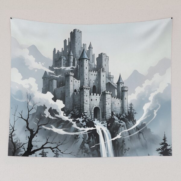 Item preview, Hilltop Dream Castle Sumi-e Ukiyo-e Watersplash ink Art designed and sold by blacksealstudio.