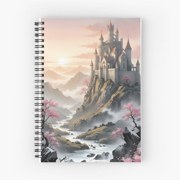 Item preview, Cliffside Sakura Castle Sumi-e Ukiyo-e Watersplash ink Art designed and sold by blacksealstudio.