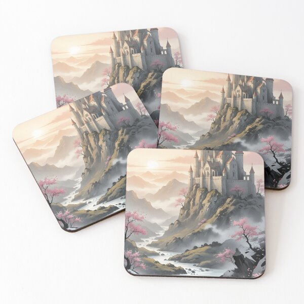 Item preview, Cliffside Sakura Castle Sumi-e Ukiyo-e Watersplash ink Art designed and sold by blacksealstudio.