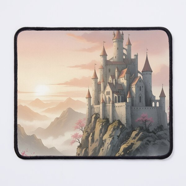 Item preview, Cliffside Sakura Castle Sumi-e Ukiyo-e Watersplash ink Art designed and sold by blacksealstudio.