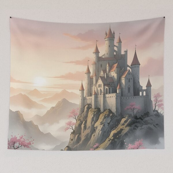 Item preview, Cliffside Sakura Castle Sumi-e Ukiyo-e Watersplash ink Art designed and sold by blacksealstudio.