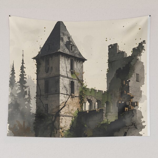Item preview, Northern Stone Castle Sumi-e Ukiyo-e Watersplash ink Art designed and sold by blacksealstudio.