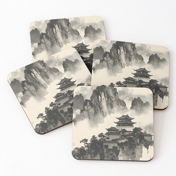 Item preview, Dragonbound Mountain Fortress Castle Sumi-e Ukiyo-e Watersplash ink Art designed and sold by blacksealstudio.