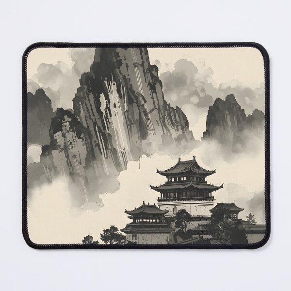 Item preview, Dragonbound Mountain Fortress Castle Sumi-e Ukiyo-e Watersplash ink Art designed and sold by blacksealstudio.