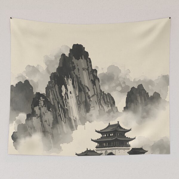 Item preview, Dragonbound Mountain Fortress Castle Sumi-e Ukiyo-e Watersplash ink Art designed and sold by blacksealstudio.