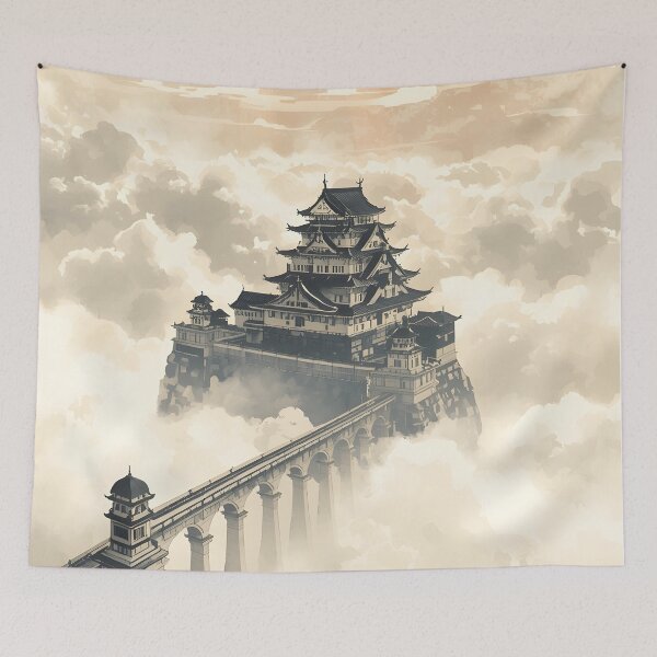 Item preview, Golden Sunset Castle Sumi-e Ukiyo-e Watersplash ink Art designed and sold by blacksealstudio.