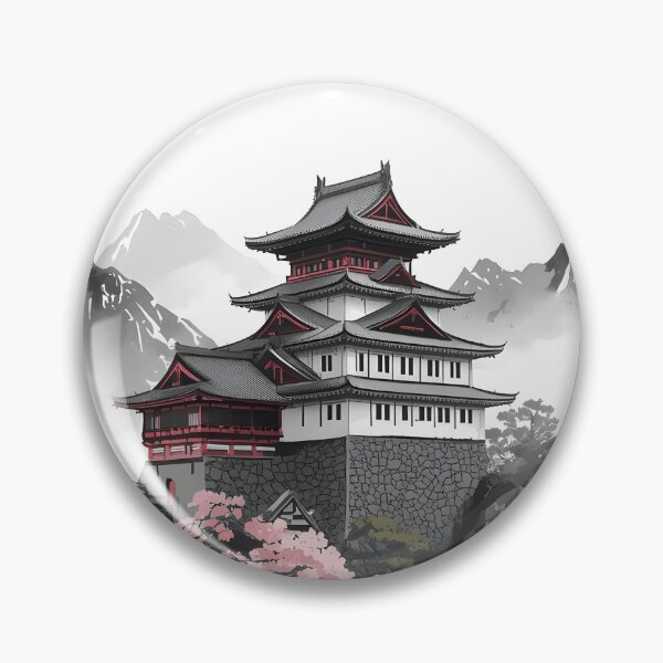 Item preview, Cherry Blossom Fortress Castle Sumi-e Ukiyo-e Watersplash ink Art designed and sold by blacksealstudio.