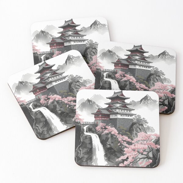 Item preview, Cherry Blossom Fortress Castle Sumi-e Ukiyo-e Watersplash ink Art designed and sold by blacksealstudio.