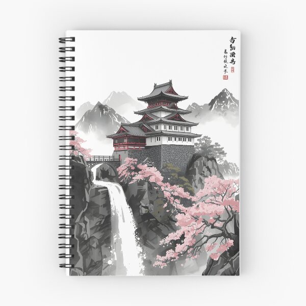Item preview, Cherry Blossom Fortress Castle Sumi-e Ukiyo-e Watersplash ink Art designed and sold by blacksealstudio.
