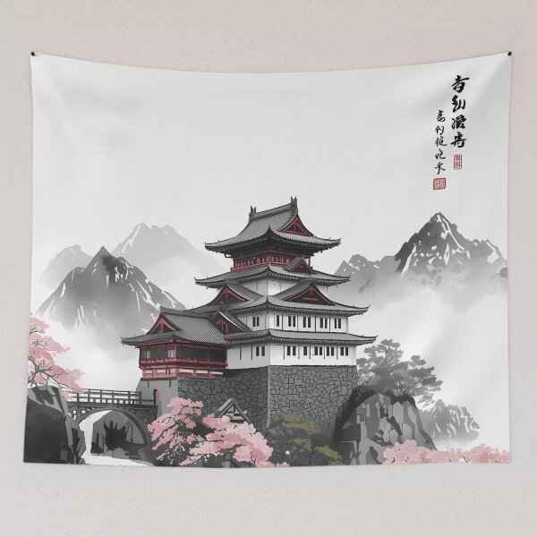 Item preview, Cherry Blossom Fortress Castle Sumi-e Ukiyo-e Watersplash ink Art designed and sold by blacksealstudio.