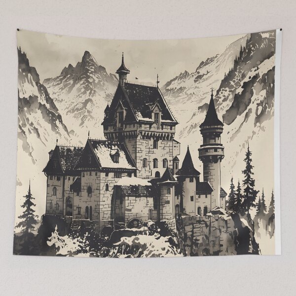Item preview, Warborn Medieval Stronghold Castle Sumi-e Ukiyo-e Watersplash ink Art designed and sold by blacksealstudio.