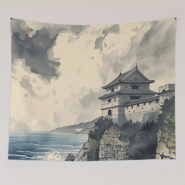 Item preview, Stormfall Ruins Castle Sumi-e Ukiyo-e Watersplash ink Art designed and sold by blacksealstudio.