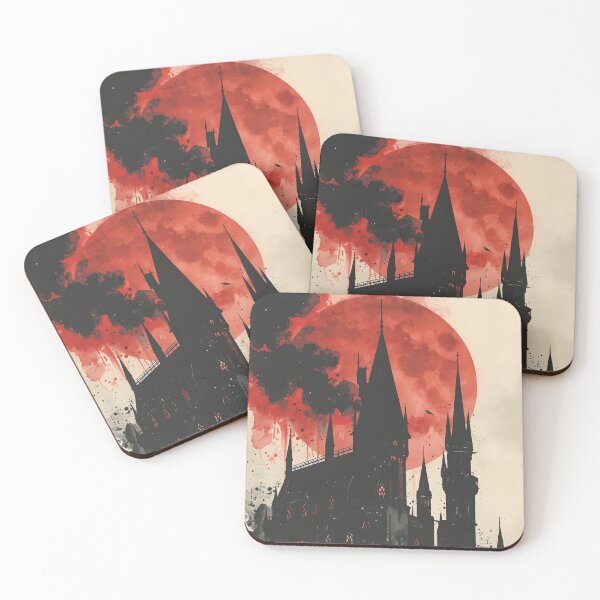 Item preview, Blood Moon Gothic Fortress Castle Sumi-e Ukiyo-e Watersplash ink Art designed and sold by blacksealstudio.