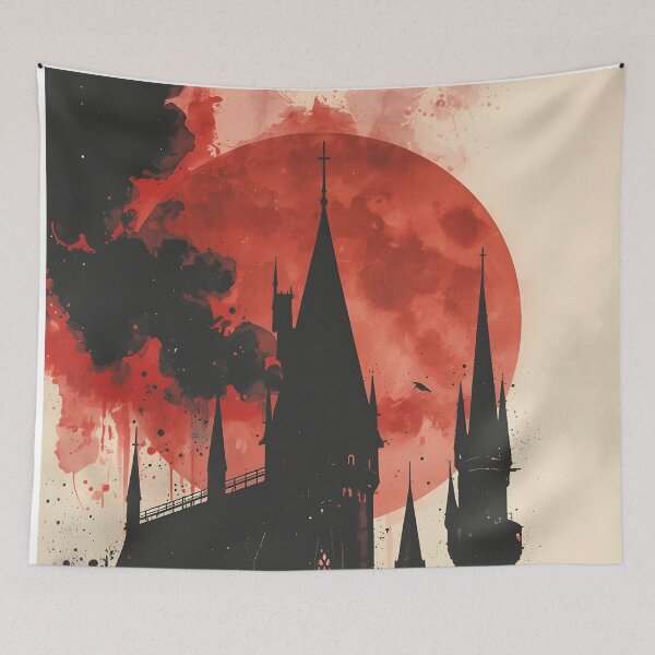 Item preview, Blood Moon Gothic Fortress Castle Sumi-e Ukiyo-e Watersplash ink Art designed and sold by blacksealstudio.