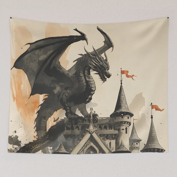 Item preview, Hero at the Dragon Gate Castle Sumi-e Ukiyo-e Watersplash ink Art designed and sold by blacksealstudio.