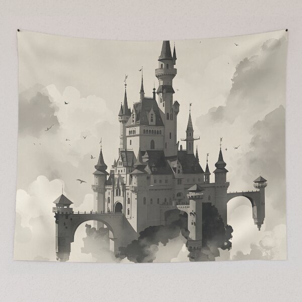 Item preview, Celestial Cloud Citadel Castle Sumi-e Ukiyo-e Watersplash ink Art designed and sold by blacksealstudio.