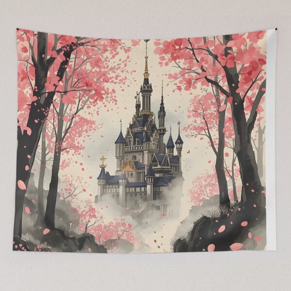 Item preview, Sakura Veil Castle Sumi-e Ukiyo-e Watersplash ink Art designed and sold by blacksealstudio.