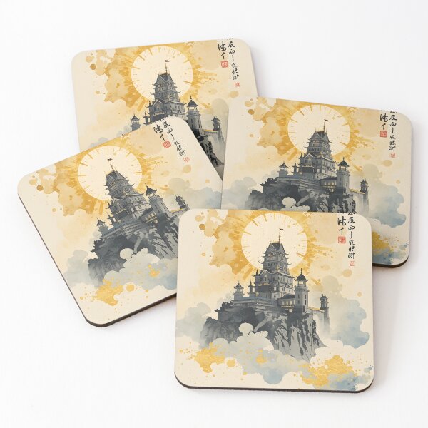 Item preview, Celestial Golden Fortress Castle Sumi-e Ukiyo-e Watersplash ink Art designed and sold by blacksealstudio.