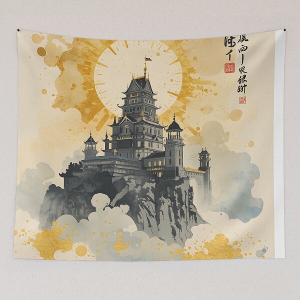 Item preview, Celestial Golden Fortress Castle Sumi-e Ukiyo-e Watersplash ink Art designed and sold by blacksealstudio.
