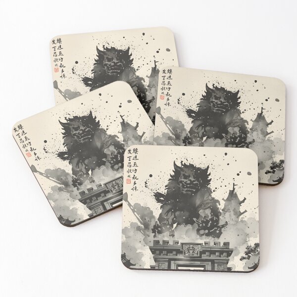 Item preview, Lion Guardian Citadel Castle Sumi-e Ukiyo-e Watersplash ink Art designed and sold by blacksealstudio.