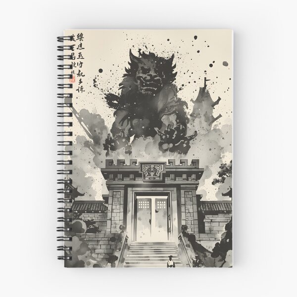 Item preview, Lion Guardian Citadel Castle Sumi-e Ukiyo-e Watersplash ink Art designed and sold by blacksealstudio.
