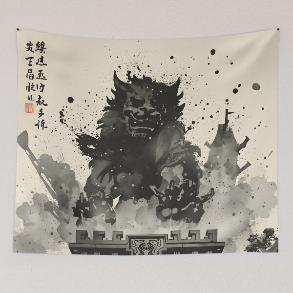 Item preview, Lion Guardian Citadel Castle Sumi-e Ukiyo-e Watersplash ink Art designed and sold by blacksealstudio.