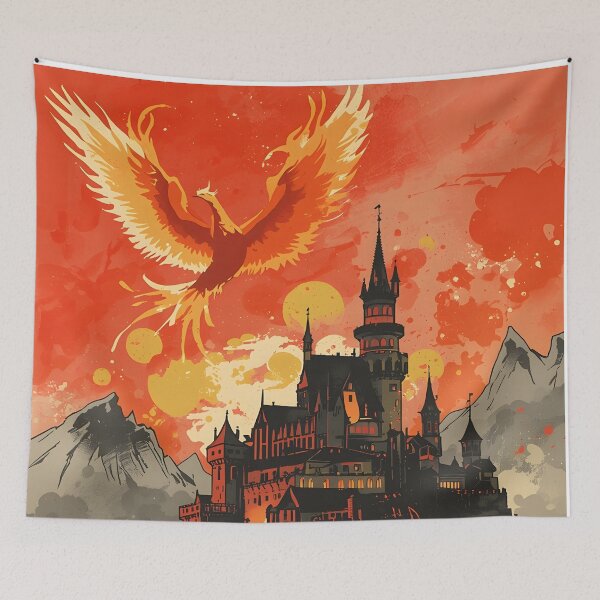 Item preview, Phoenix Guardian Castle Sumi-e Ukiyo-e Watersplash ink Art designed and sold by blacksealstudio.