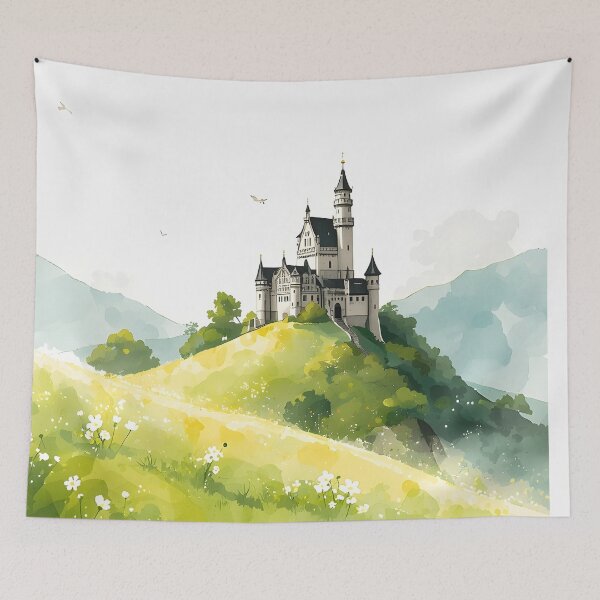 Item preview, Hillside Sentinel CastleCastle Sumi-e Ukiyo-e Watersplash ink Art designed and sold by blacksealstudio.