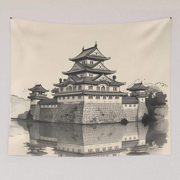 Item preview, Mirror Lake Palace Castle Sumi-e Ukiyo-e Watersplash ink Art designed and sold by blacksealstudio.
