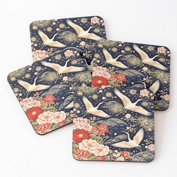 Item preview, Japanese Crane Floral Textile Pattern designed and sold by Myra365Art.