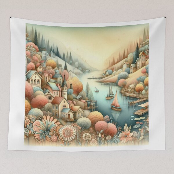 Item preview, A dreamy lakeside village designed and sold by Beyondnote-Art.