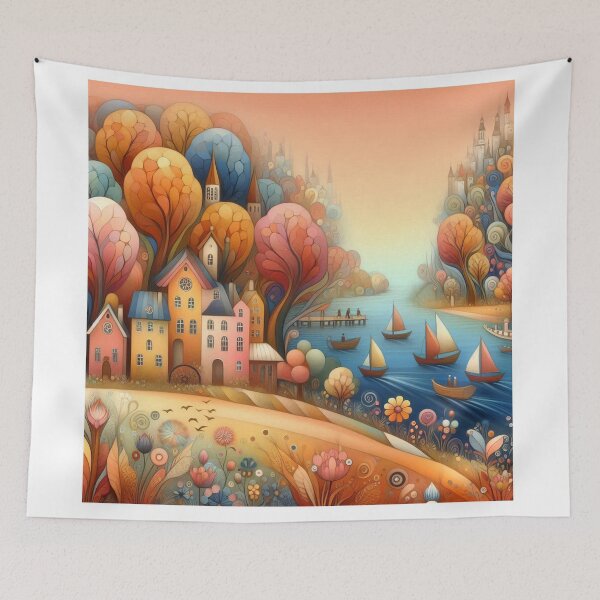 Item preview, A dreamy lakeside village designed and sold by Beyondnote-Art.