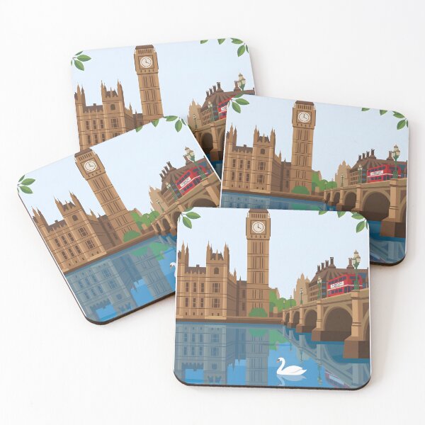 Item preview, London Icons Big Ben Red Bus Swan Vintage Travel Poster Art designed and sold by AbstractAuraArt.