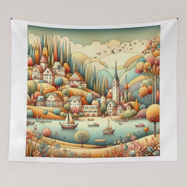 Item preview, A dreamy lakeside village designed and sold by Beyondnote-Art.