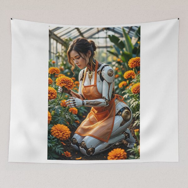 Item preview, Cyborg Gardener Tending Marigolds in Greenhouse designed and sold by CathryneDelamort.