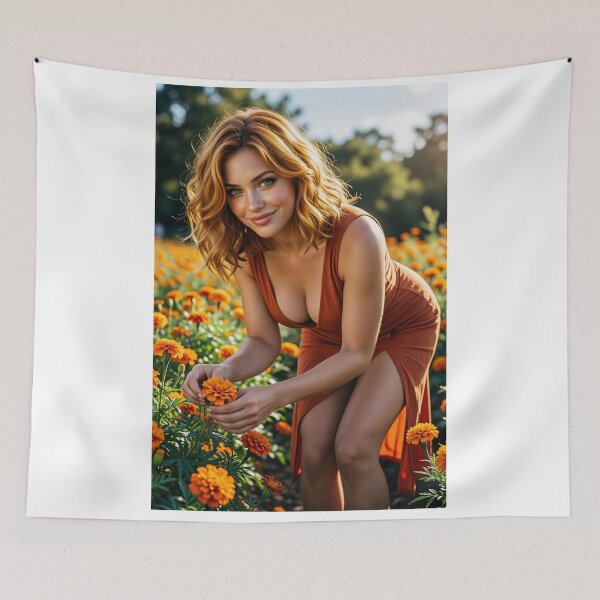 Item preview, Blonde in orange dress marigold field designed and sold by CathryneDelamort.