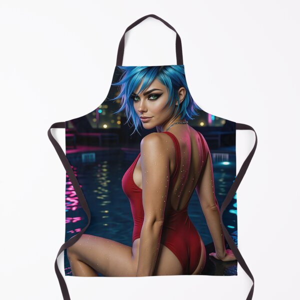 Item preview, Blue Hair Woman Red Swimsuit Neon City Pool designed and sold by CathryneDelamort.