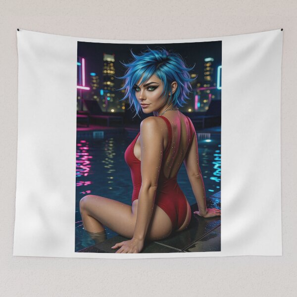 Item preview, Blue Hair Woman Red Swimsuit Neon City Pool designed and sold by CathryneDelamort.