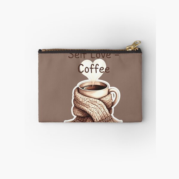 Item preview, Self love equals coffee with a warm cup wrapped in a scarf on a brown background designed and sold by SpaceartLilu.